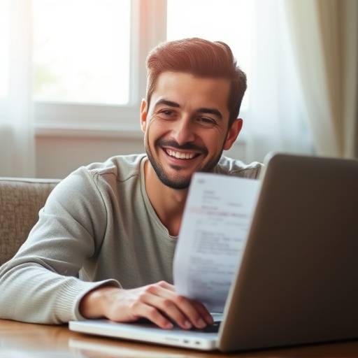 A person happily looking at a bank statement on a laptop.